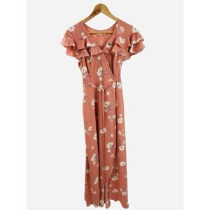 June & Hudson‎ Wrap Dress XS Peach Cream Floral Short Sleeve Midi Romantic Boho